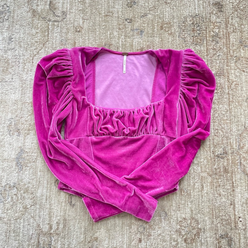 Free People Fuchsia Velvet Ruched Blouse